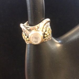 Vintage 925 Stamped Moonstone‎ Thick Band Ring w/ Gold Swirls size 7